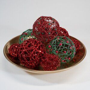 10 Grapevine Orbs -Five 4" Orbs: 2 Red Glittered, 2 Green with Red ornaments, 1